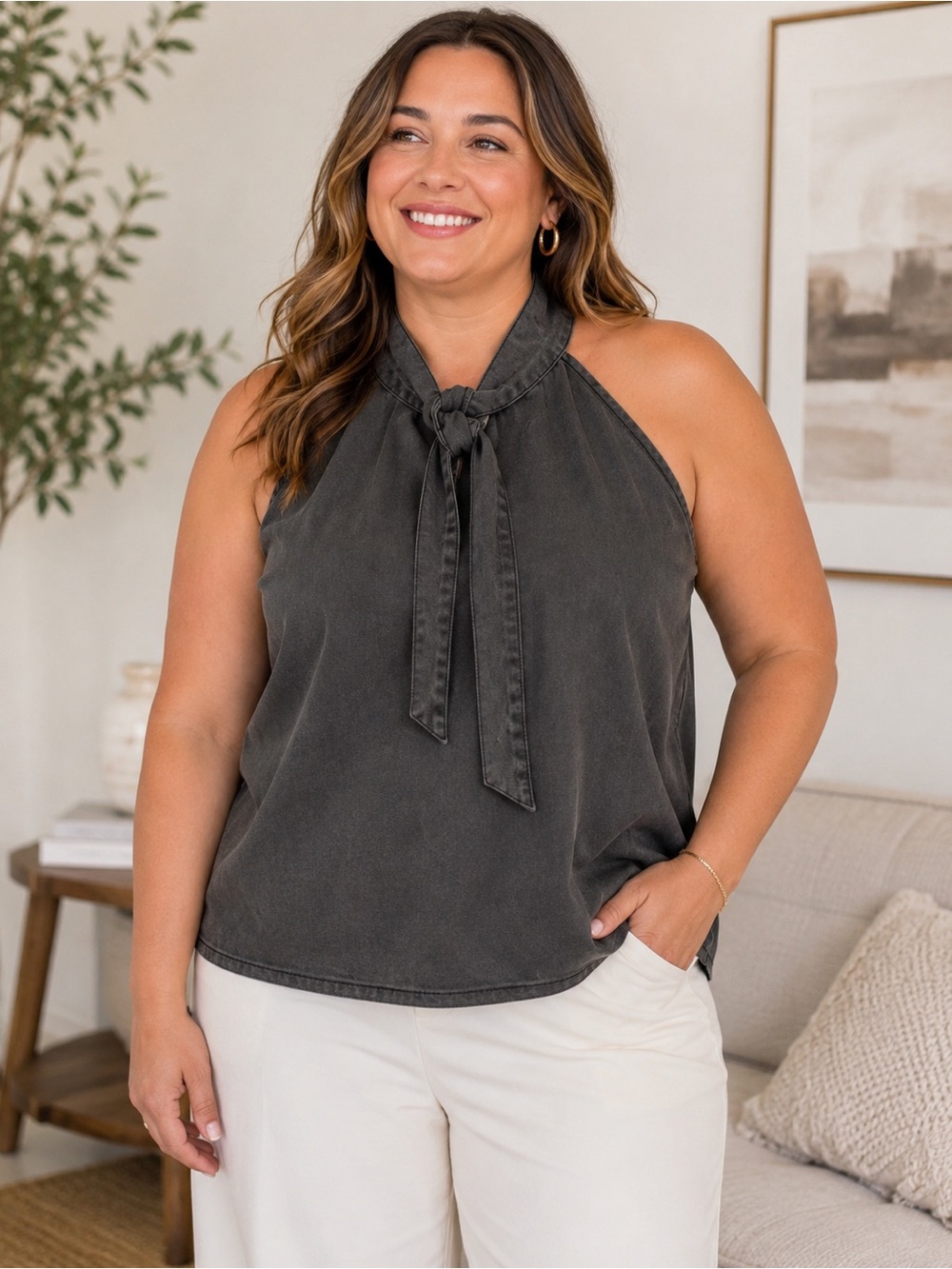 Women’s XL Charcoal Washed Tie Neck Halter Blouse Sleeveless Top